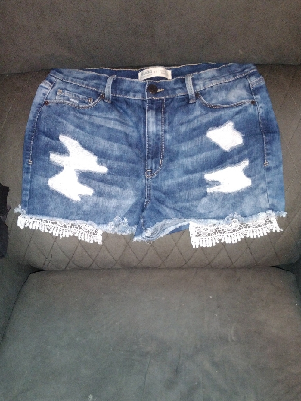 Mudd Blue Distressed Denim Shorts with White Lace Trim